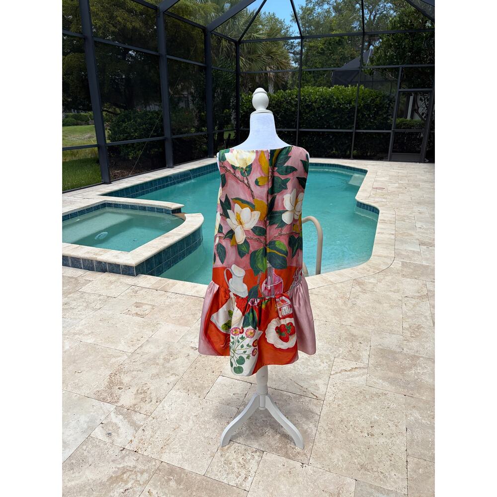 Oscar de la Renta Silk Magnolia Still Life Print Drop Waist Ruffle Dress Pink - Picture 7 of 9